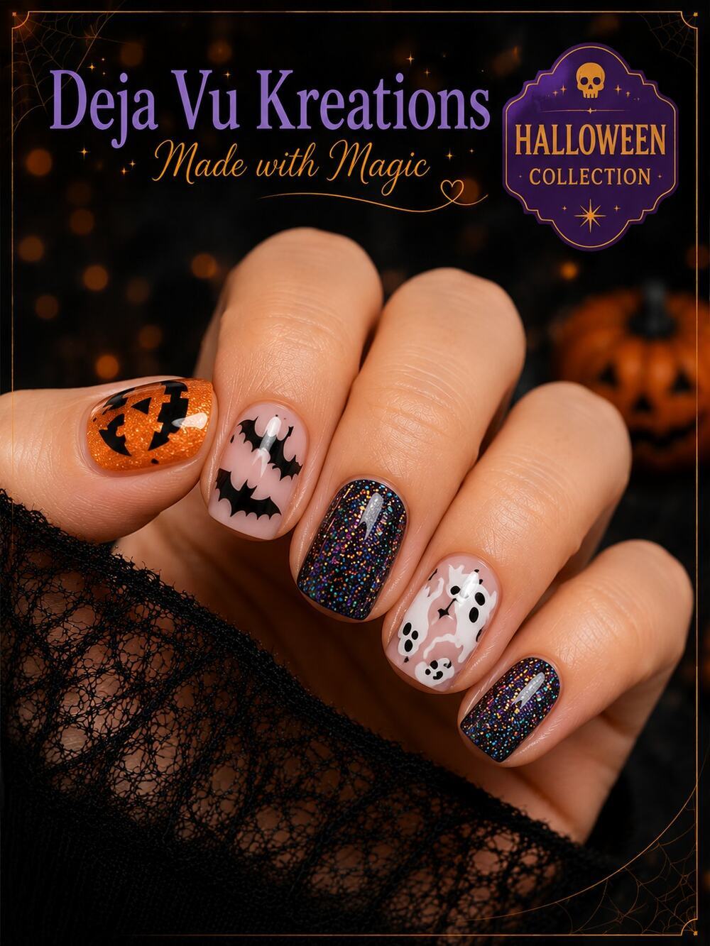24 Piece Ghost Jack-O-Lantern Press On Nails Short Square